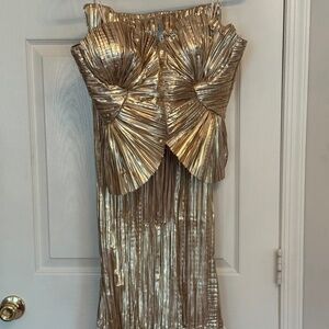 Cult Gaia Jace Metallic Plissé Bustier Top + Chantel Midi Skirt Set- Gold/Size M